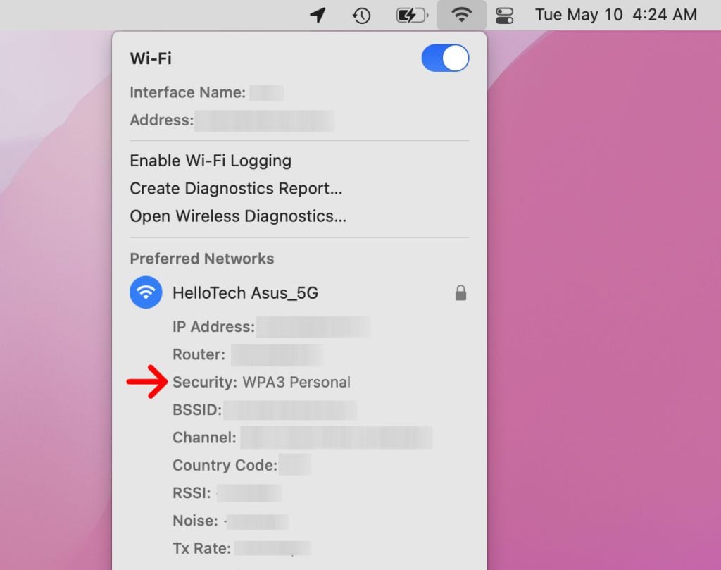 how to find wifi security protocol mac