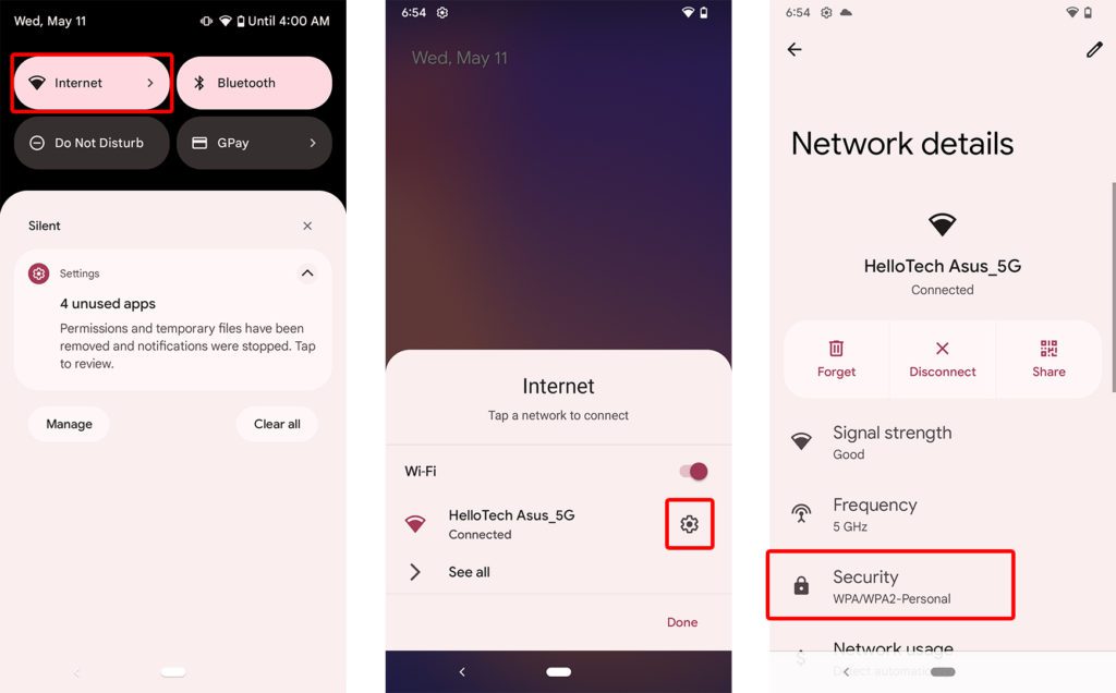 how to see wifi security settings on android