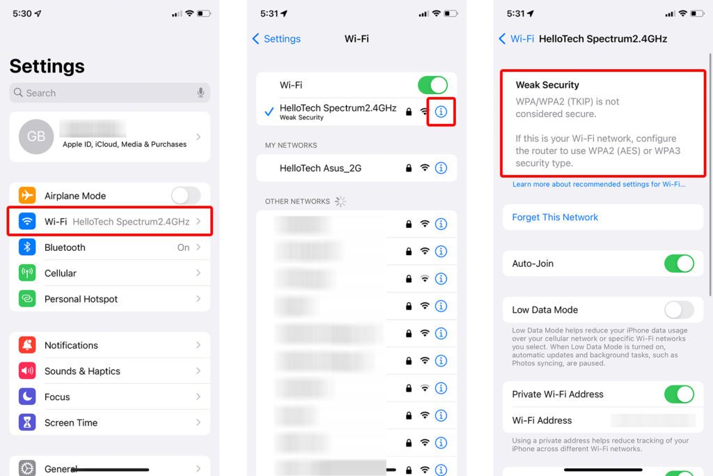 how to see wifi security settings on iPhone