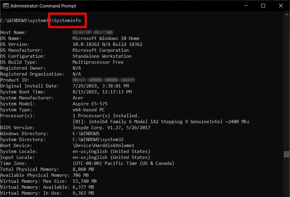 command prompt commands Systeminfo