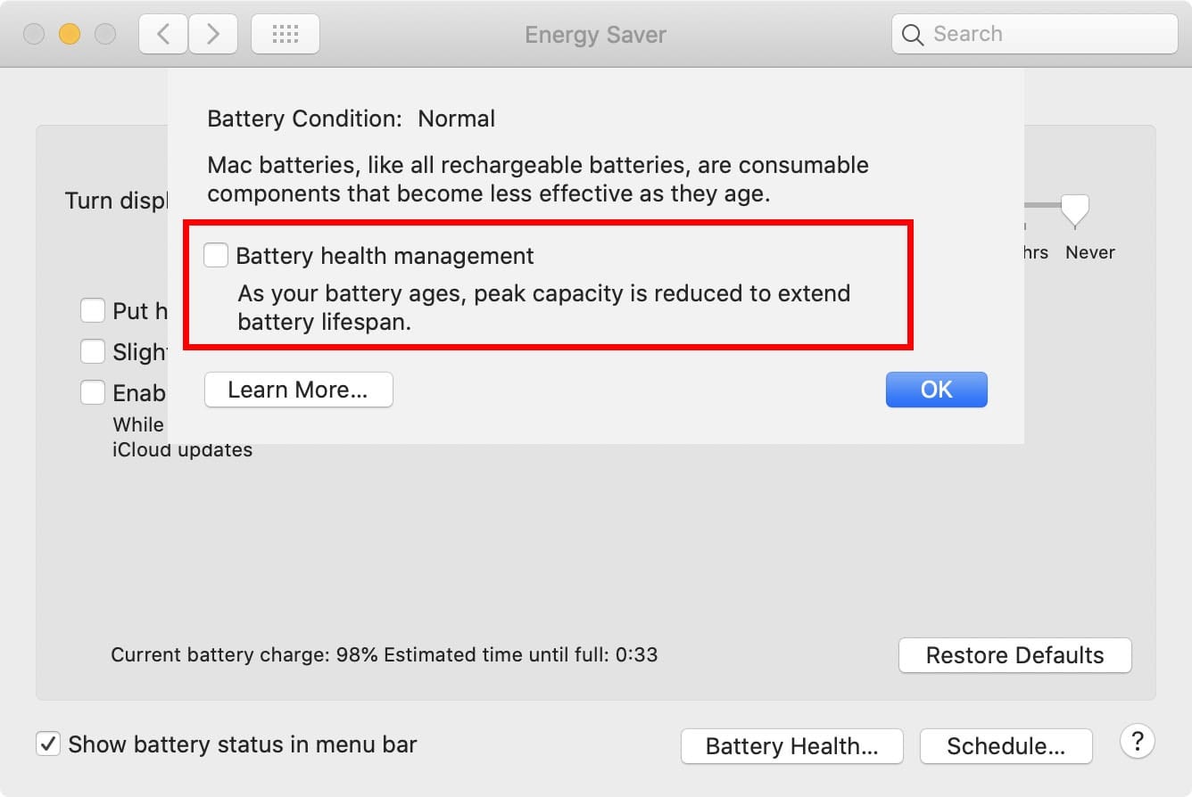how to turn off battery health management feature mac