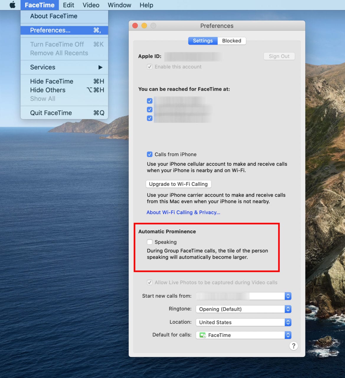 how to turn off automatic prominence on FaceTime 