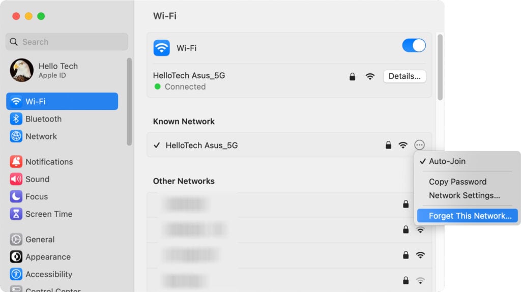 how to forget WiFi network