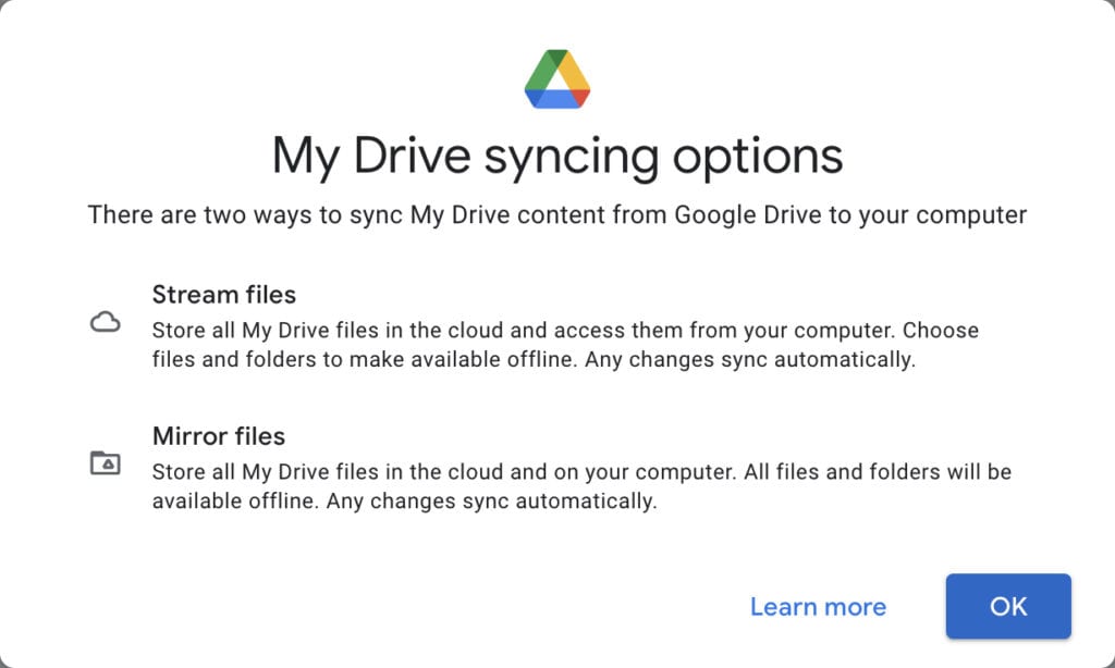 google drive desktop sync options