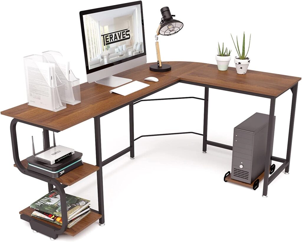 Teraves Reversible L Shaped Computer Desk with Shelves Best for Corners