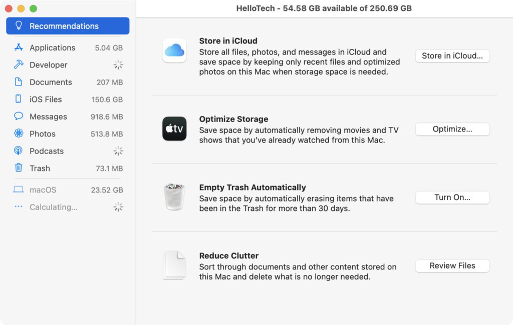 mac recommendations free up space to speed up