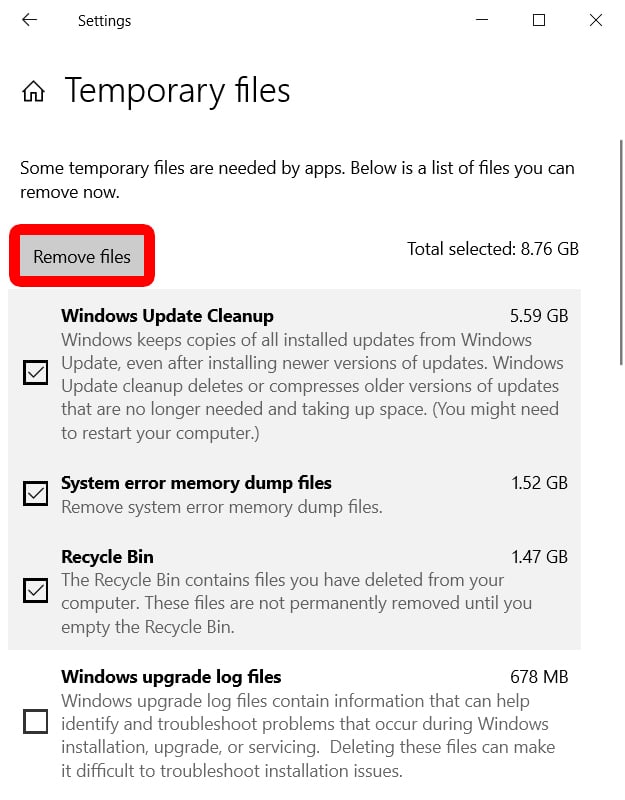 how to delete temporary files Windows