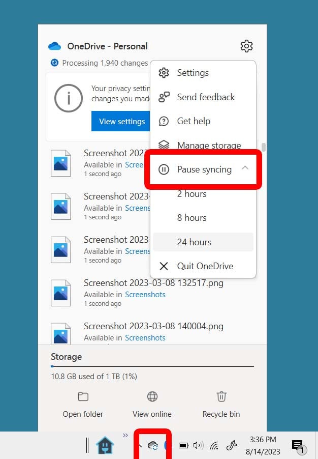 how to pause onedrive windows 10