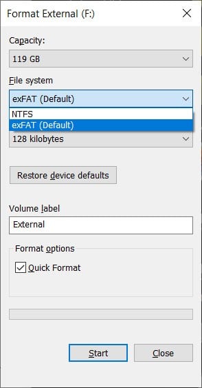 which format external hard drive windows 10