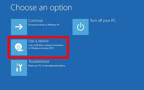 windows recovery use a device