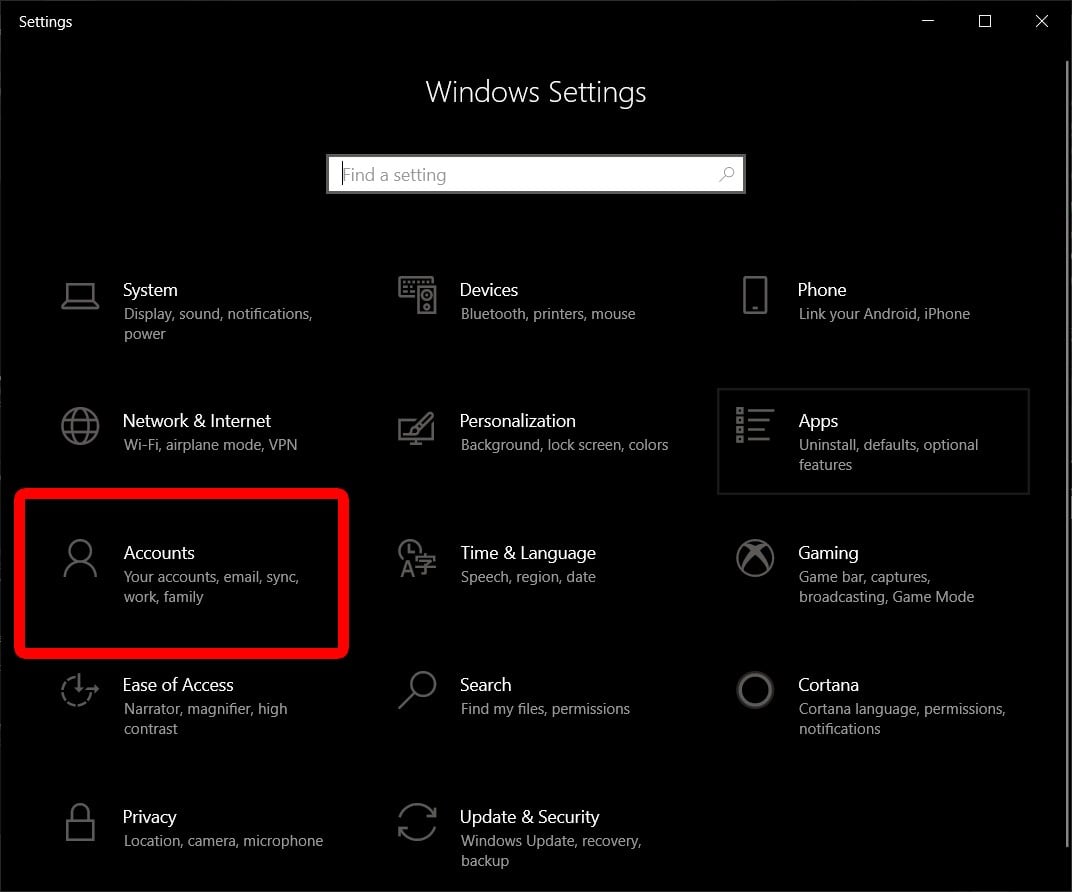 Windows settings accounts