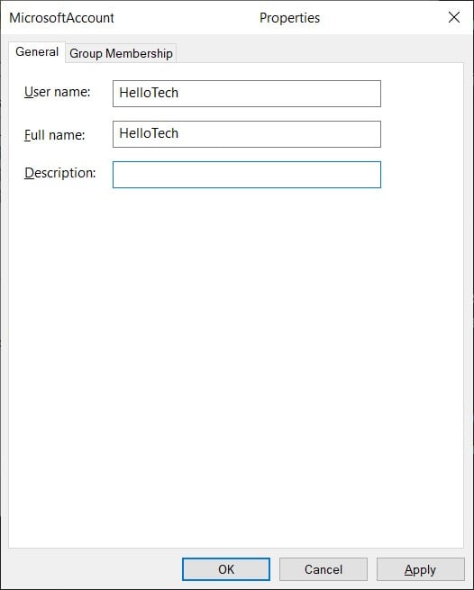 user account properties change name