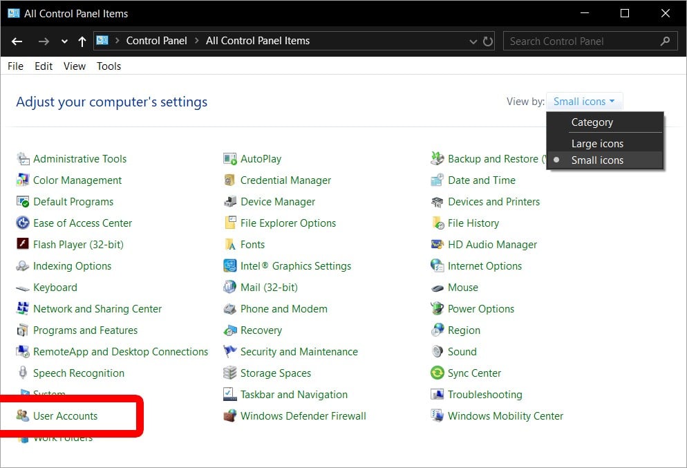 user accounts windows control panel small icons