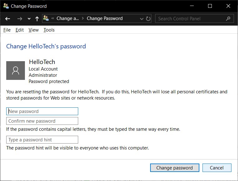 change apssword control panel
