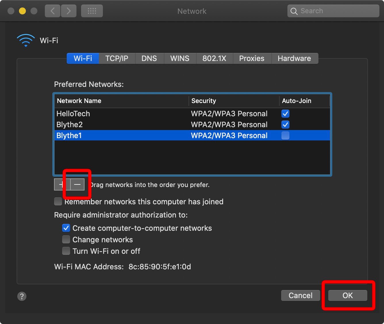 mac system preferences wifi netwrok advanced settings forget WiFi network