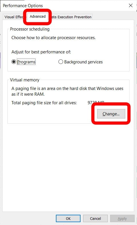 performance options change virtual memory