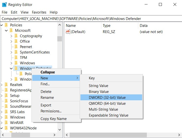 regedit windows defender new dword
