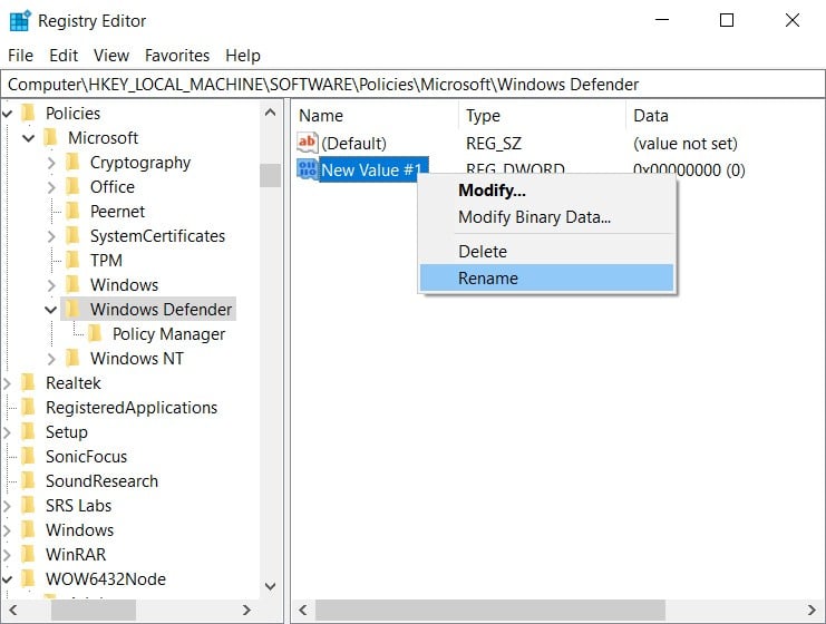 regedit windows defender new value rename