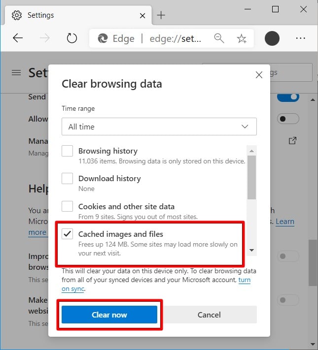 microsoft edge clear cache and cookies