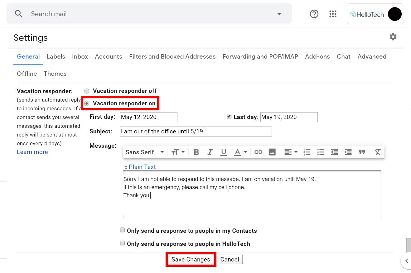 Grondig Ijveraar levenslang How to Set Up an Automatic Out of Office Reply in Gmail : HelloTech How