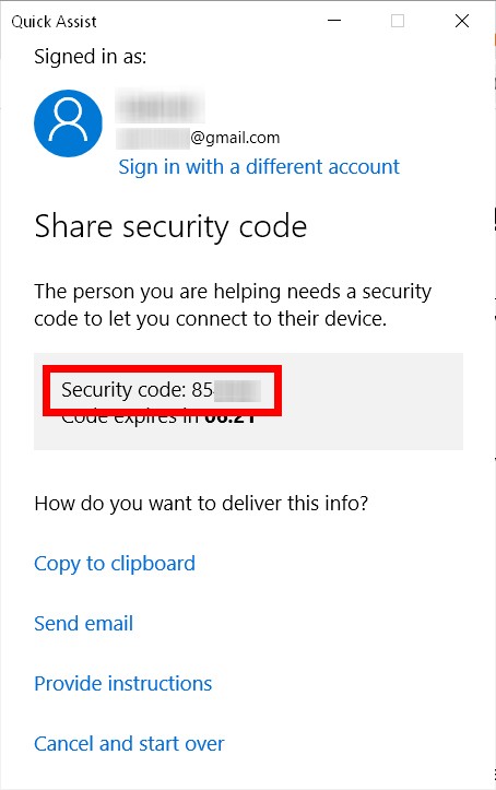 windows assist security code send