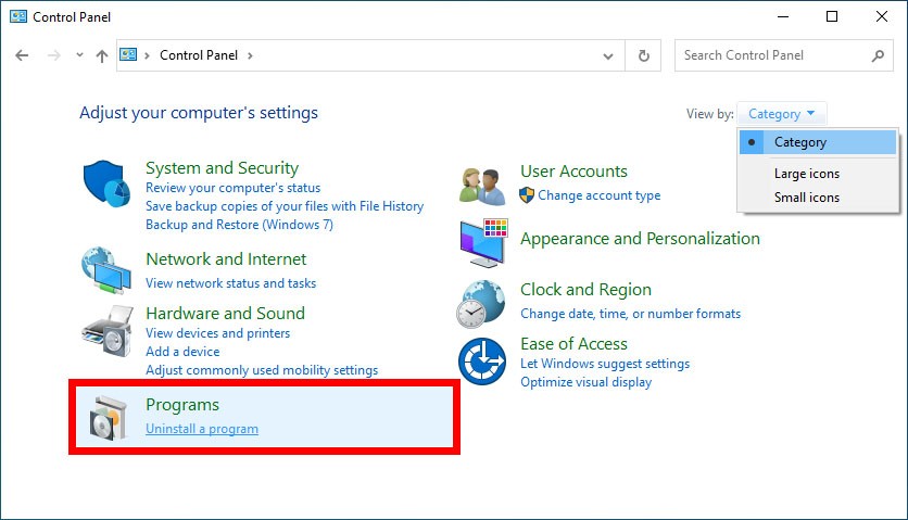 control panel uninstall a program